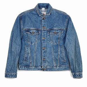 VTG 90s Excelled Denim Trucker Jacket Mens M Stone Wash Moto Biker Paneled Back
